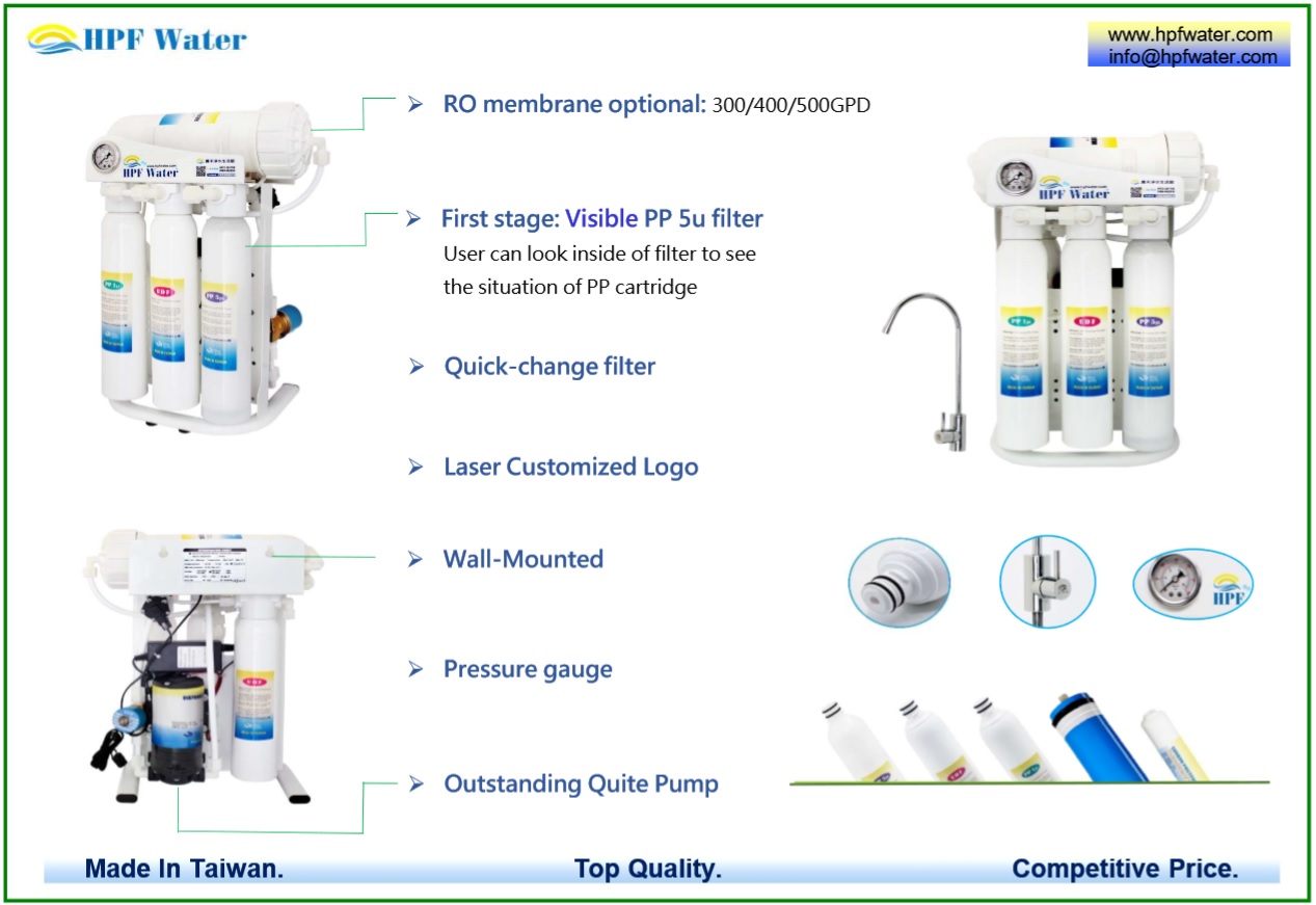 Direct Flow Big Flow RO appliance 500GPD with Quick-change filter meets NSF requirements made in Taiwan.